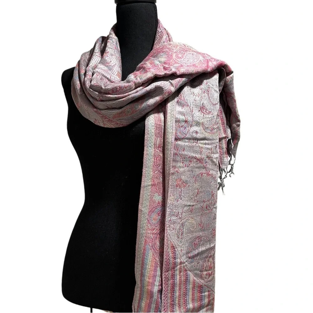 Elegant Shawl in Silver & Pink Paisley- Versatile Wrap, Scarf, Veil Soft Rayon